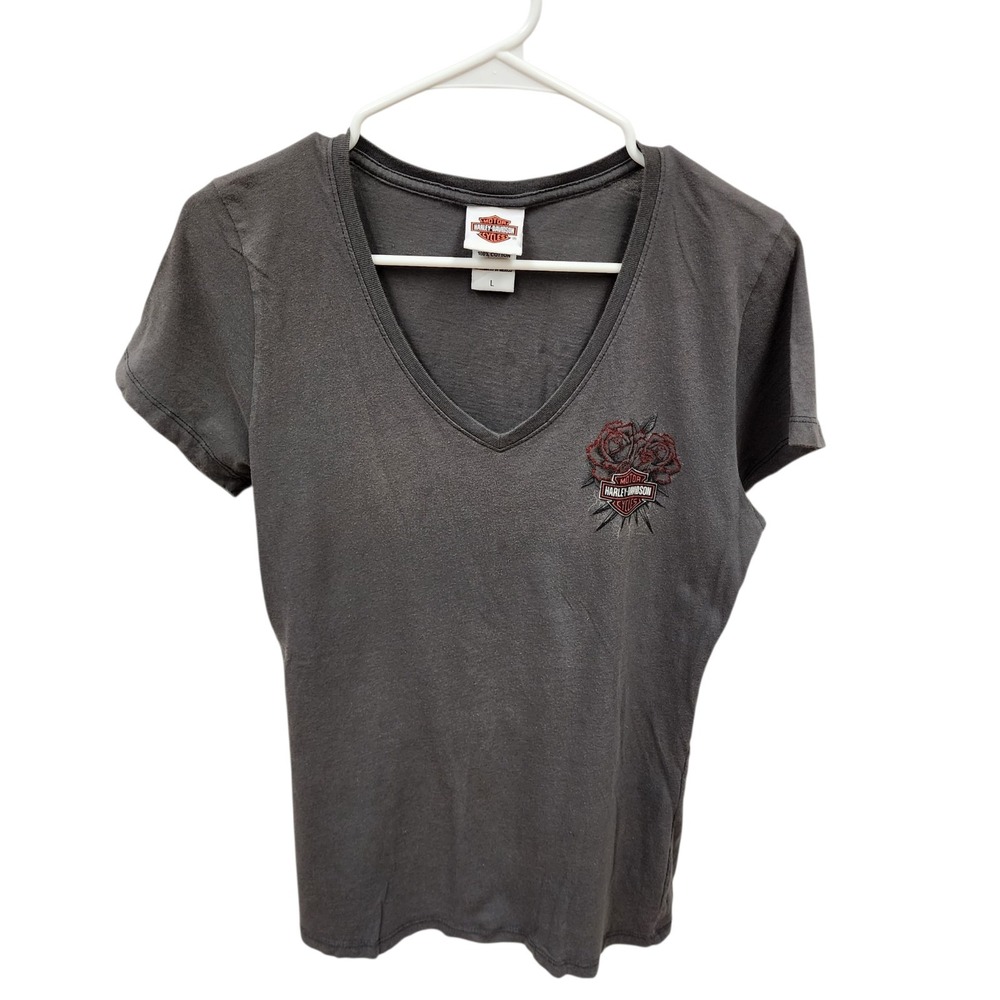 Harley Davidson Womens T Shirt Gray V Neck Cap Sleeve With Red Roses Large 2010
